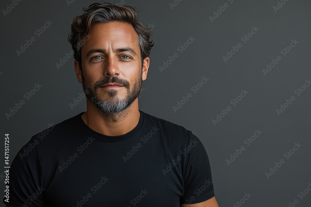 Portrait of a handsome middle-aged man with graying hair and beard, wearing a black t-shirt against a dark gray background. : Generative AI Portrait of a handsome middle-aged man with graying hair and beard, wearing a black t-shirt against a dark gray background. : Generative AI