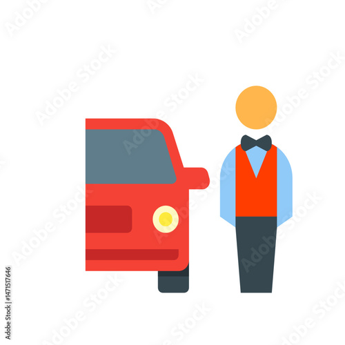 Illustration of a red car with a valet standing next to it wearing a bow tie and orange vest design