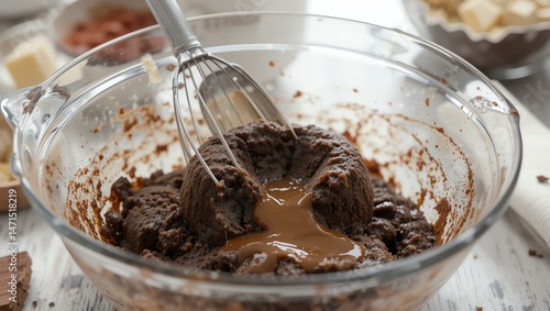 A close-up view of a glass bowl filled with rich chocolate batter, showing a whisk mixing in a creamy layer of melted chocolate for baking.