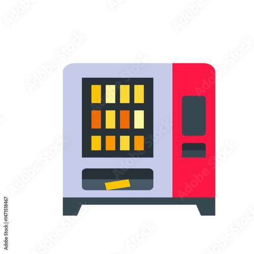 Illustration of a vending machine with snacks inside and a red side panel design element here