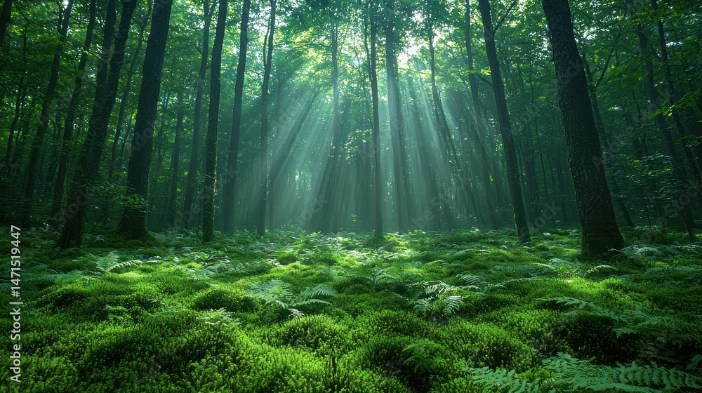 Obraz premium Sunlight streams through a lush forest floor (1)
