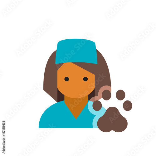 Illustration of a vet with brown hair wearing a blue cap and shirt holding a brown paw print design