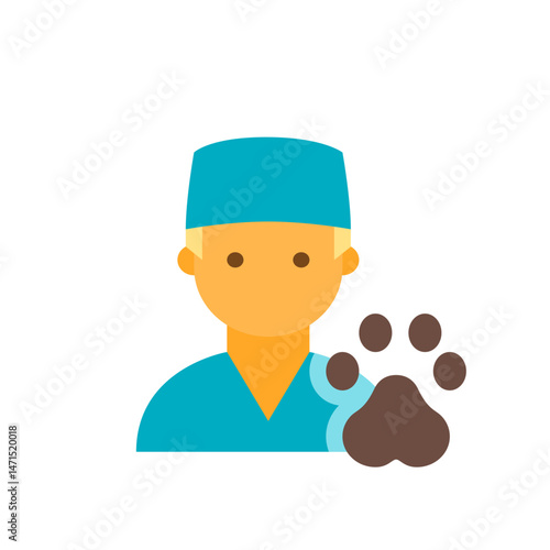 Illustration of a veterinarian wearing scrubs and a cap with a brown paw print on the right side view