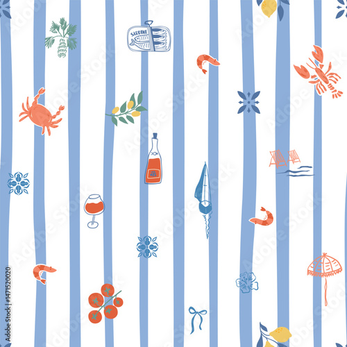 Blue striped Mediterranean summer seamless pattern. Cute Italian cuisine, lobster, crab, sardine, wine, tomatoes in postage stamps or plates. Vector repeat background, textile design, wallpaper print