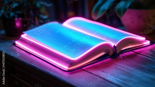 Glowing open book with neon pages and magical digital particles floating above surface