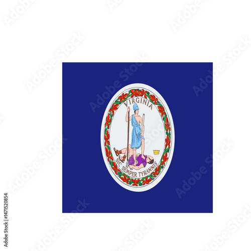 Illustration of the flag of virginia with a man standing over another man in a circle design on blue