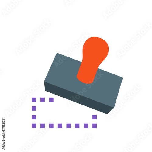 Illustration of a rubber stamp with an orange handle and a gray base above a purple square pattern