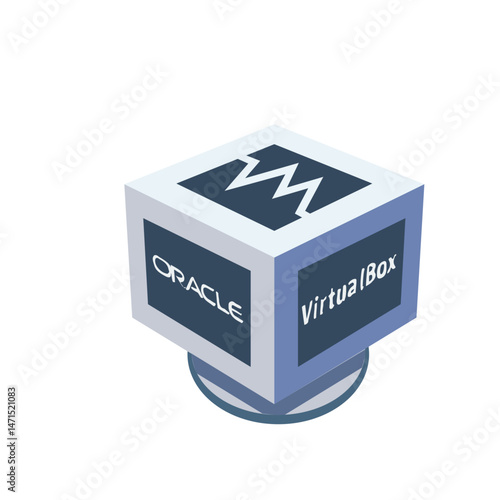 Isometric oracle virtualbox logo on a cube with a circular base and a white zigzag graphic on top face