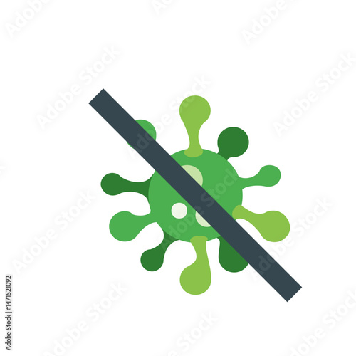 Green virus with white spots crossed out by a dark gray bar indicating prevention or elimination of disease