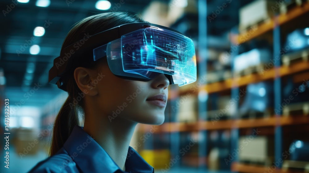 Warehouse worker, augmented reality, AR glasses, logistics, scanning products, digital display, innovation, technology, warehouse management, futuristic, efficiency, smart warehouse, automation Warehouse worker, augmented reality, AR glasses, logistics, scanning products, digital display, innovation, technology, warehouse management, futuristic, efficiency, smart warehouse, automation