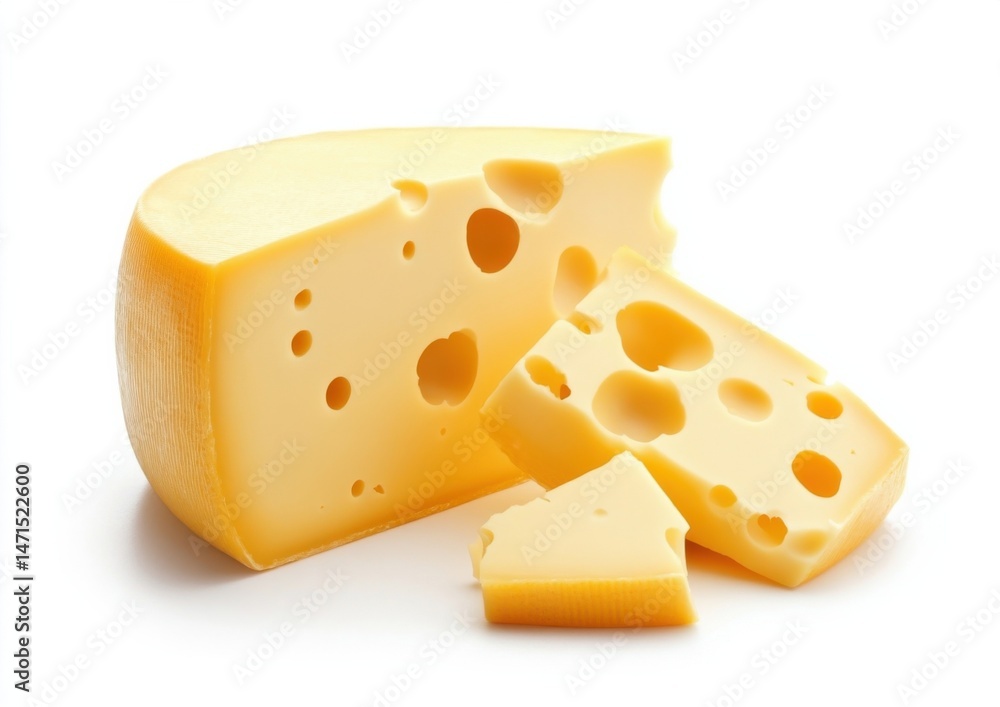 A large piece of Swiss cheese is shown, cut into smaller pieces, isolated on a white background. The cheese has many holes and a pale yellow color. : Generative AI A large piece of Swiss cheese is shown, cut into smaller pieces, isolated on a white background. The cheese has many holes and a pale yellow color. : Generative AI