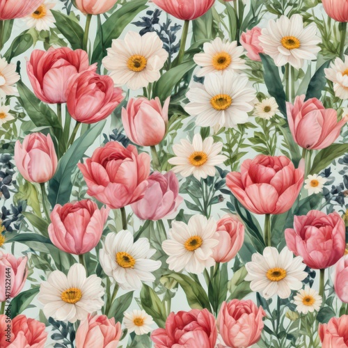 Watercolor floral composition featuring tulips, roses, daisies ,  painting,  design