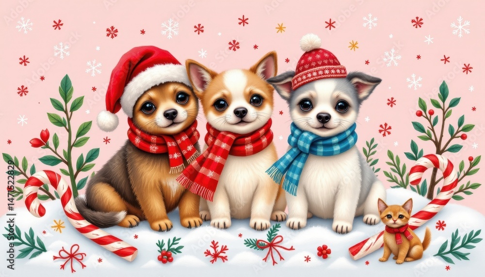 three puppies wearing festive winter clothing and holding up christmas carols are the focal point of this holiday themed image three puppies wearing festive winter clothing and holding up christmas carols are the focal point of this holiday themed image