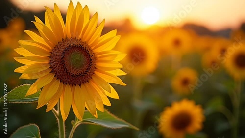 Sunflower in full bloom facing sunrise with field background, seamless looping time-lapse 4k video background. Agriculture concept
