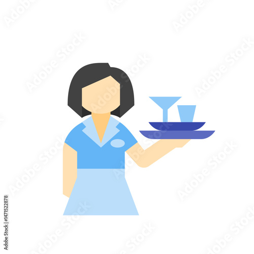 Illustration of a waitress in uniform holding a tray with a martini glass and a regular glass on it nicely
