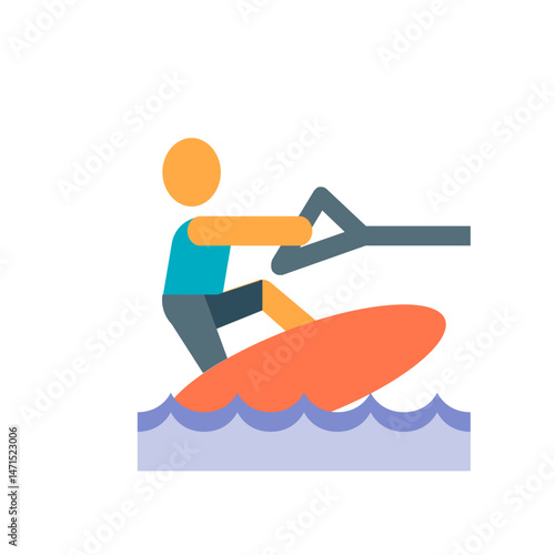 A stylized illustration of a person wakeboarding on an orange board in blue water holding a handle bar