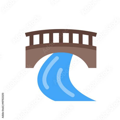 Illustration of a brown bridge with a curved archway over a blue stream of water flowing downward nicely