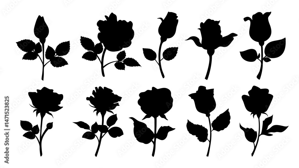Obraz premium Set of decorative rose with leaves. Flower silhoutte. Vector illustration