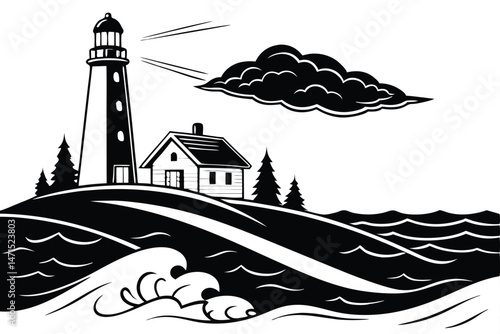 9 Black and white silhouette, lighthouse on a hill, small house, rocky island, ocean waves, minimalist design, graphic illustration, coastal scene, nautical theme, iconic lighthouse shape, dark contra