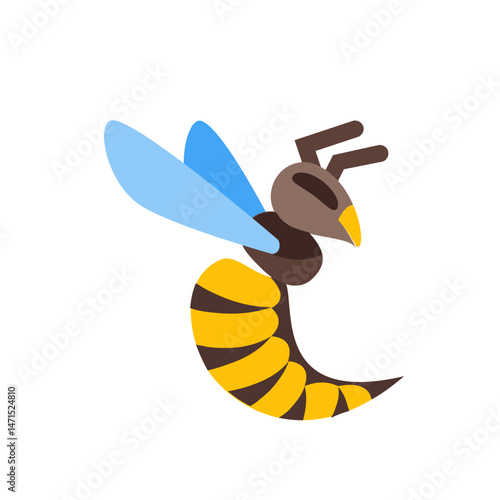 Illustration of a cartoon bee with yellow and brown stripes and blue wings on a white background design image
