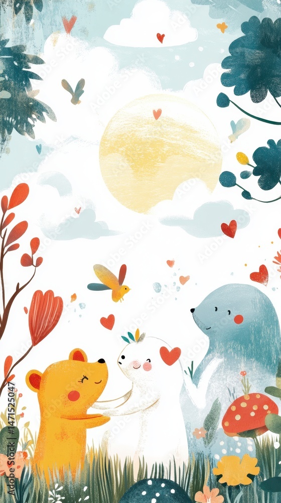 Naklejka premium Cute Bears in a Colorful Forest Embracing Under the Sun