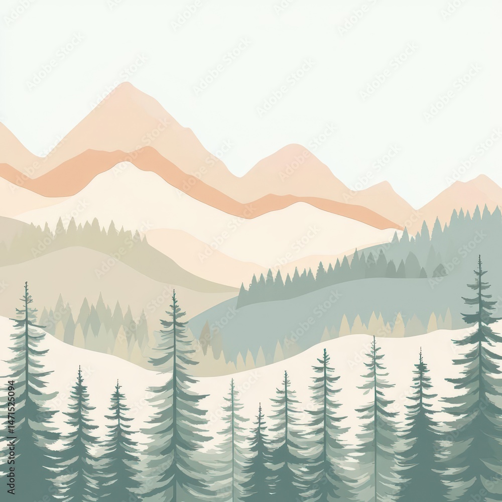 Fototapeta premium A serene landscape featuring mountains and evergreen trees in soft pastel colors.