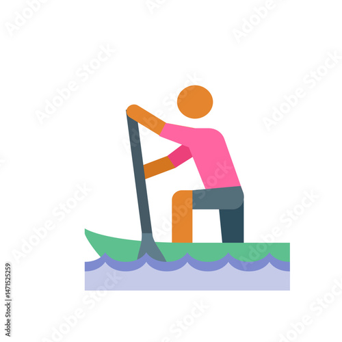 Illustration of a person paddleboarding on water with a paddle and wearing a pink shirt and shorts