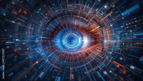 Abstract digital eye graphic with glowing circuits and technology theme representing vision and data processing