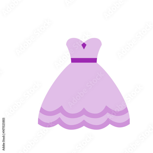 A light purple dress with a sweetheart neckline and a purple belt and scalloped hem is displayed