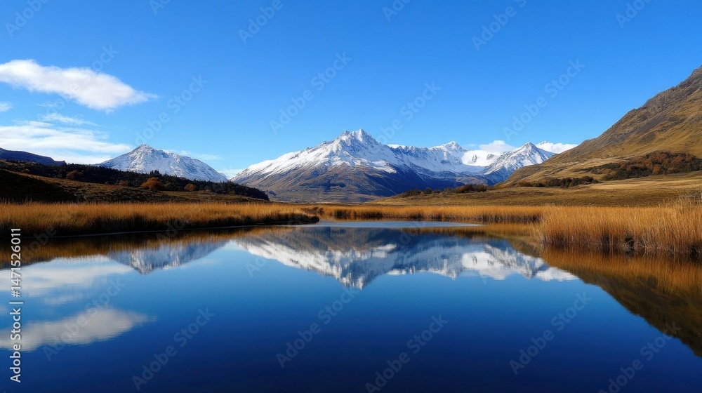 Serene mountain lake reflecting snow-capped peaks under a vibrant blue sky, tranquil autumnal landscape with golden reeds. : Generative AI Serene mountain lake reflecting snow-capped peaks under a vibrant blue sky, tranquil autumnal landscape with golden reeds. : Generative AI