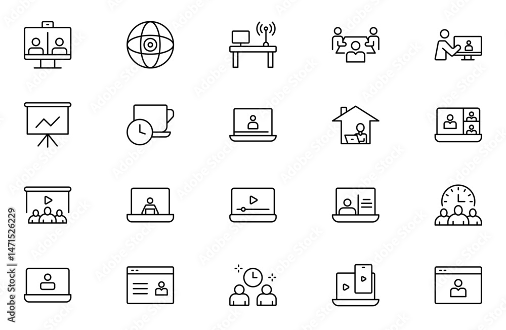 Video Conference outline icons set. Live webinar icons for web and mobile app. Containing conference, business meeting, team, interview, conference, Video call. Editable stroke outline icon. Video Conference outline icons set. Live webinar icons for web and mobile app. Containing conference, business meeting, team, interview, conference, Video call. Editable stroke outline icon.