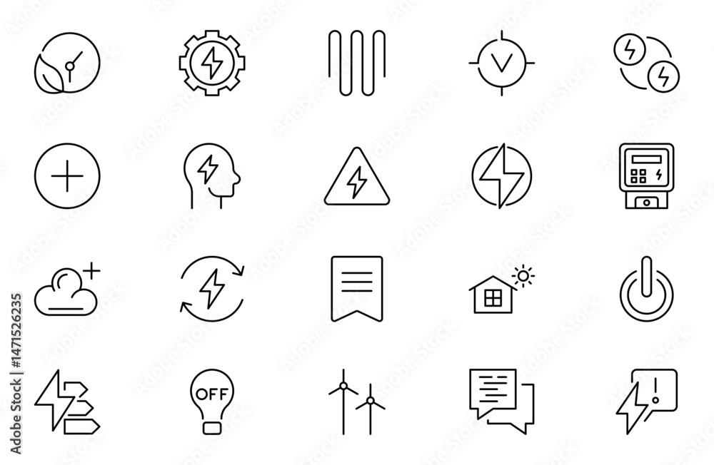 Fototapeta premium Energy efficiency line icon set. Calculator, energy-saving light bulb, piggy bank, solar panel, circular economy, battery, insulation, energy class vector illustration. Editable stroke outline icon.