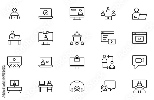 Video Conference outline icons set. Live webinar icons for web and mobile app. Containing conference, business meeting,  team, interview, conference, Video call. Editable stroke outline icon.