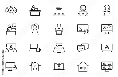 Video Conference outline icons set. Live webinar icons for web and mobile app. Containing conference, business meeting, team, interview, conference, Video call. Editable stroke outline icon.