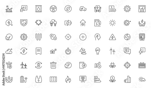 Energy efficiency line icon set. Calculator, energy-saving light bulb, piggy bank, solar panel, circular economy, battery, insulation, energy class vector illustration. Editable stroke outline icon.