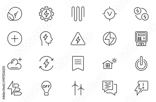 Energy efficiency line icon set. Calculator, energy-saving light bulb, piggy bank, solar panel, circular economy, battery, insulation, energy class vector illustration. Editable stroke outline icon.