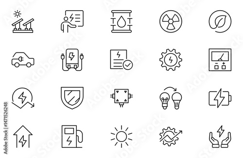 Energy efficiency line icon set. Calculator, energy-saving light bulb, piggy bank, solar panel, circular economy, battery, insulation, energy class vector illustration. Editable stroke outline icon.