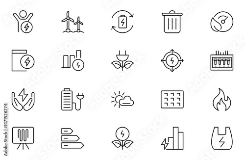Energy efficiency line icon set. Calculator, energy-saving light bulb, piggy bank, solar panel, circular economy, battery, insulation, energy class vector illustration. Editable stroke outline icon.