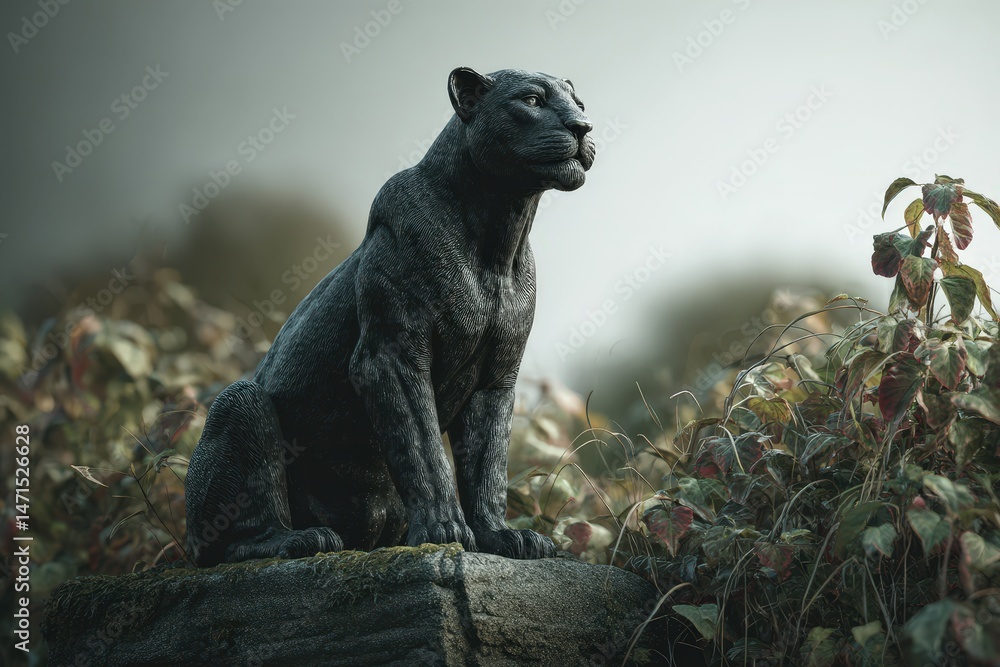 Obraz premium Dark panther statue perched on a stone ledge amidst foliage.