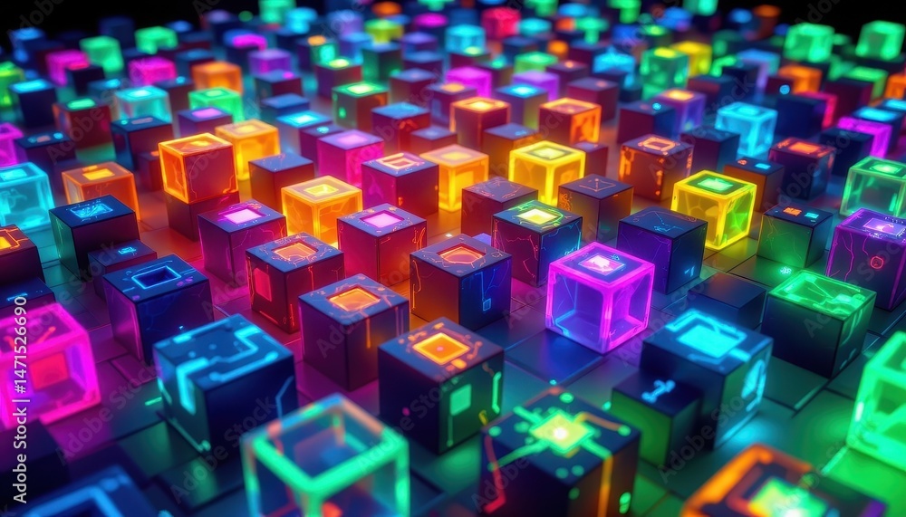 a collection of colorful cubes scattered across what appears to be a checkerboard pattern. each cube has a different colored face, contributing to a vibrant mix of hues that fill the scene a collection of colorful cubes scattered across what appears to be a checkerboard pattern. each cube has a different colored face, contributing to a vibrant mix of hues that fill the scene