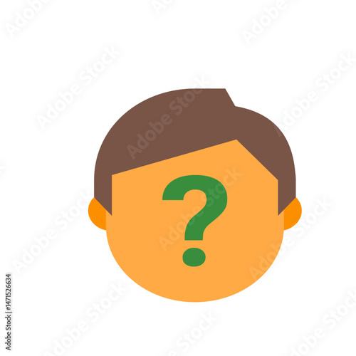 Illustration of a person's face with brown hair and a green question mark overlaid on the face area exactly