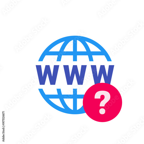 Blue globe with www text and a red circle containing a question mark on a white background image view