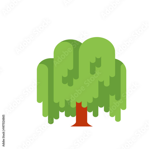 Illustration of a weeping willow tree with green foliage and a brown trunk on a white background scene