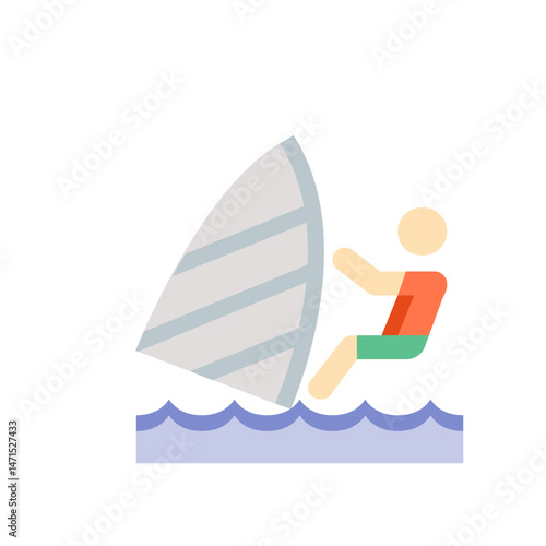 Illustration of a windsurfer with a large sail on wavy water wearing a red shirt and green shorts on a sunny day