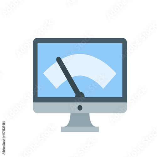 Illustration of a computer monitor displaying a speedometer with a black needle and light blue background