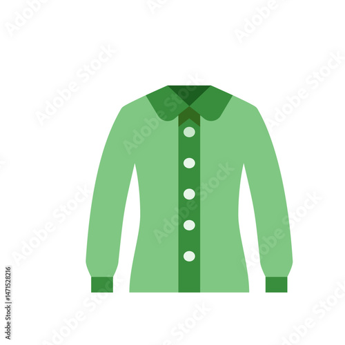 Illustration of a green long sleeved blouse with a darker green button down panel and white buttons