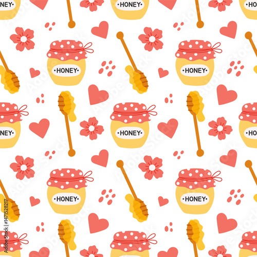 Seamless pattern with cute honey jars, hearts and flowers in flat hand drawn style