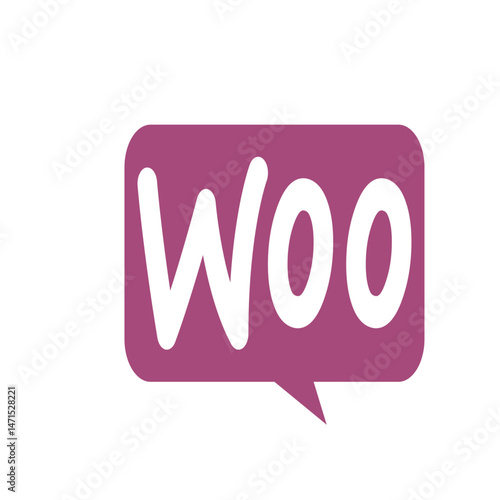 White woo text inside a purple speech bubble with a tail pointing downwards on a white background image