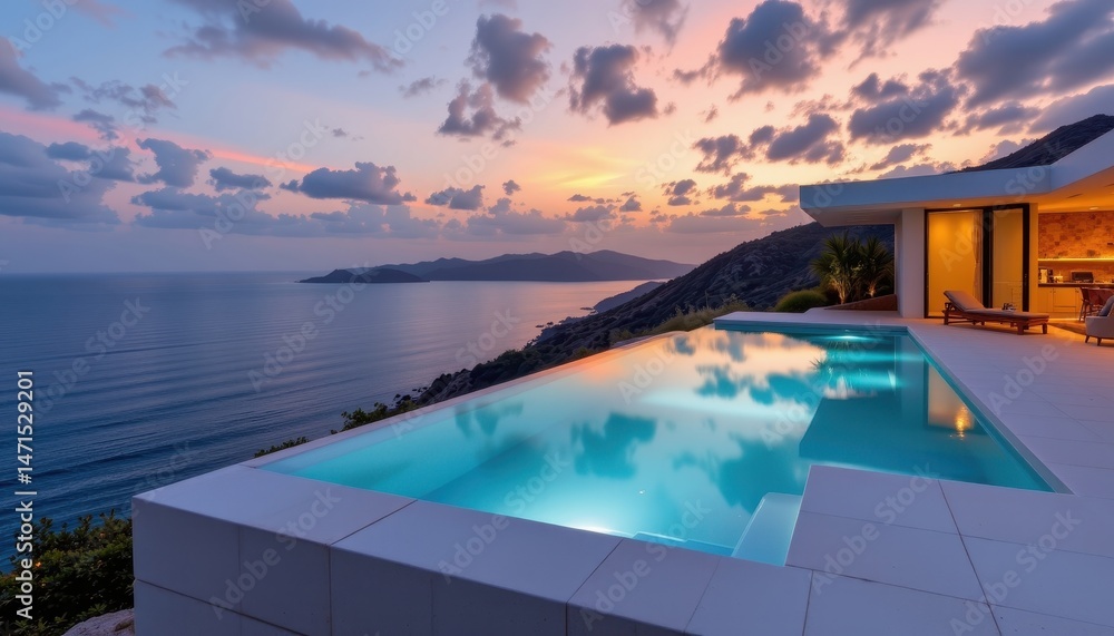 Fototapeta premium a tranquil beachfront view at sunset, featuring an infinity pool with a white deck overlooking a vast body of water