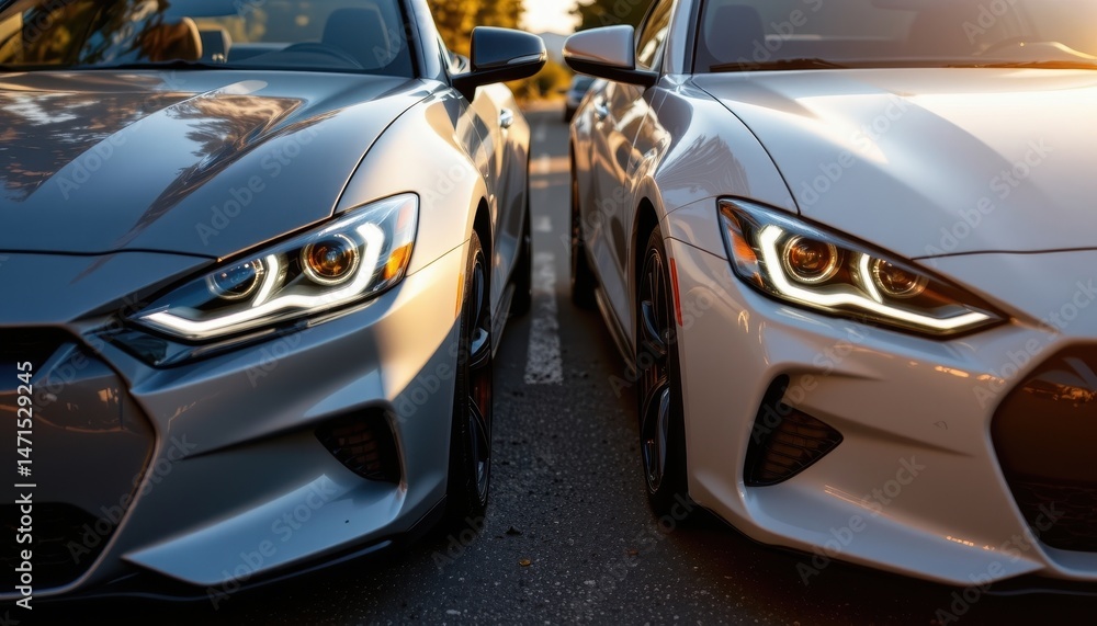 two identical sport cars parked side by side in a parking lot, showcasing their polished surfaces under the sunlight two identical sport cars parked side by side in a parking lot, showcasing their polished surfaces under the sunlight